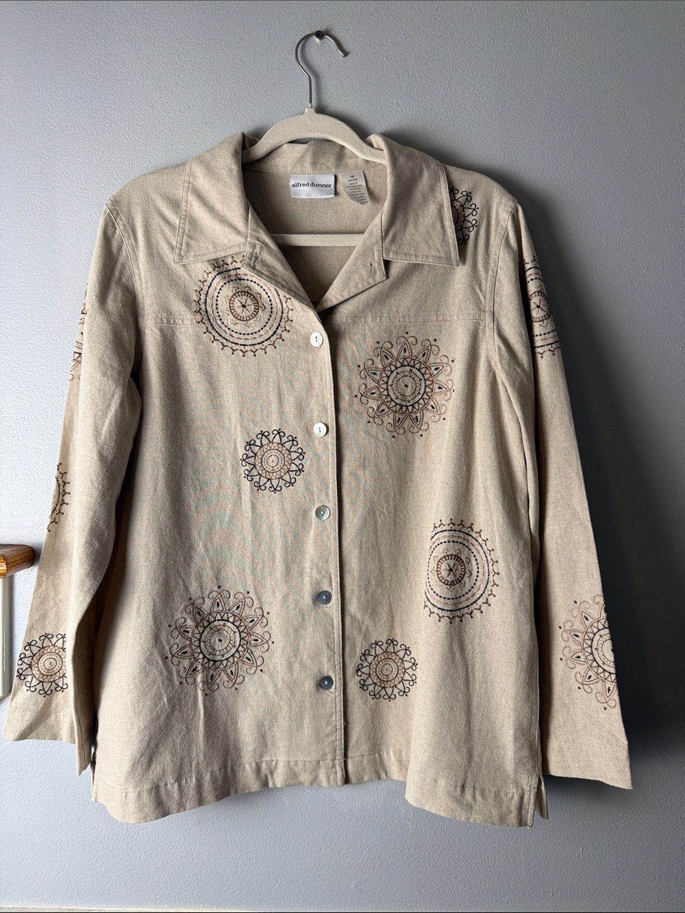 Alfred Dunner Beige Collar Button-Front Jacket with Embroidered Medallions